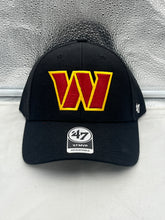 Load image into Gallery viewer, Washington Commanders NFL '47 Brand Black MVP Adjustable Hat showcasing the team's logo, designed for comfort and style, perfect for fans supporting the Washington Commanders.