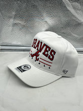 Load image into Gallery viewer, Close-up of the Atlanta Braves MLB '47 Brand White Roscoe Hitch Adjustable Snapback Hat, showcasing its quality fabric and adjustable snapback feature, ideal for Atlanta Braves hat enthusiasts.