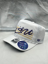 Load image into Gallery viewer, Close-up view of the LSU Tigers NCAA '47 Brand White Script Hitch Rope Adjustable Snapback Hat highlighting the adjustable snapback feature and hitch rope detail.