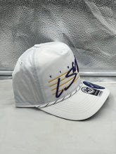 Load image into Gallery viewer, Close-up view of LSU Tigers NCAA '47 Brand White Script Hitch Rope Adjustable Snapback Hat emphasizing the adjustable snapback feature and stylish hitch rope detail.