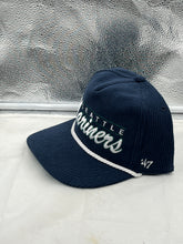 Load image into Gallery viewer, Close-up of the Seattle Mariners MLB '47 Brand Blue Corduroy Hitch Rope Adjustable Snapback Hat details, including the rope accent and adjustable snapback feature.