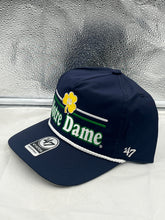 Load image into Gallery viewer, Notre Dame Fighting Irish NCAA '47 Brand Navy Rope Script Hitch Adjustable Hat displayed on a mannequin, showcasing its stylish design and adjustable feature.