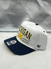 Load image into Gallery viewer, Side angle of the Michigan Wolverines NCAA '47 Brand White TT Hitch Rope Adjustable Snapback Hat highlight its trendy rope detail and breathable fabric.