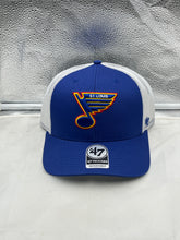 Load image into Gallery viewer, St Louis Blues NHL '47 Brand Throwback Blue Trucker Adjustable Snapback Hat showcasing vibrant blue color, classic trucker design, and iconic team graphics, perfect for fans and collectors.