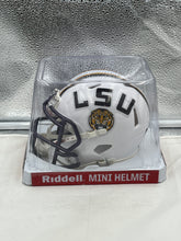 Load image into Gallery viewer, LSU Tigers NCAA Riddell Speed White Alternate Mini Helmet displayed on a shelf showcasing its authentic design and team logo.