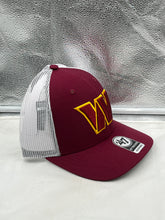 Load image into Gallery viewer, Close-up of the Washington Commanders NFL '47 Brand Red Trucker Mesh Strapback Adjustable Hat display of the iconic team logo.