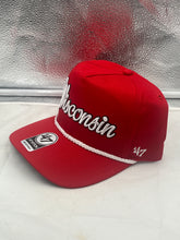 Load image into Gallery viewer, Side view of the Wisconsin Badgers NCAA '47 Brand Red Rope Script Hitch Adjustable Hat with a classic rope accent detail.
