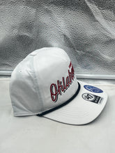 Load image into Gallery viewer, Oklahoma Sooners NCAA '47 Brand White Script Hitch Rope Adjustable Snapback Hat worn by a fan during a sunny day, highlighting its casual style and versatility.