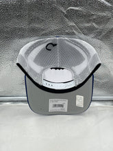 Load image into Gallery viewer, Close-up of the St Louis Blues NHL '47 Brand Throwback Blue Trucker Adjustable Snapback Hat showcasing its classic trucker style and adjustable snapback.