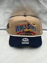 Load image into Gallery viewer, Braves Vs Guardians 1995 World Series Dueling MLB '47 Khaki Hitch Adjustable Hat front view showcasing team logos.