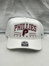 Load image into Gallery viewer, Philadelphia Phillies MLB '47 Brand White Roscoe Hitch Adjustable Snapback Hat displayed against a neutral background, showcasing the iconic Phillies logo and adjustable snapback feature for customizable fit.
