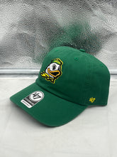 Load image into Gallery viewer, Close-up image of the Oregon Ducks NCAA '47 Brand Green Clean Up Adjustable Strapback Hat featuring its comfortable adjustable strapback design and high-quality fabric, perfect for game day and casual outings.