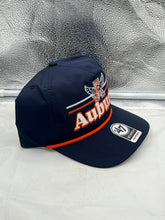 Load image into Gallery viewer, Close-up of the embroidered Auburn Tigers logo on the NCAA '47 Brand Throwback Blue Rope Hitch Adjustable Snapback Hat.
