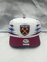 Load image into Gallery viewer, West Ham United EPL '47 Brand White TT Diamond Hitch Adjustable Snapback Hat displayed on a white background, showcasing the iconic team logo and modern diamond hitch pattern.