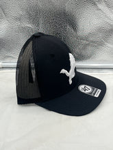 Load image into Gallery viewer, Adjustable strap on the back of the Detroit Lions NFL '47 Brand Black Trucker Mesh Strapback Adjustable Hat for a custom fit.