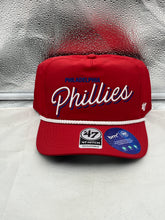 Load image into Gallery viewer, Philadelphia Phillies MLB '47 Brand Red Script Rope Hitch Adjustable Hat displayed with vibrant red color and script logo, showcasing team spirit.