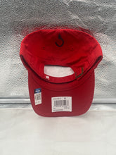 Load image into Gallery viewer, The Wisconsin Badgers NCAA '47 Brand Throwback Red Clean Up Adjustable Strapback Hat worn by a fan demonstrating team spirit on game day.