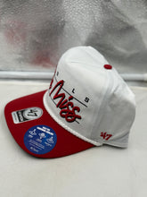 Load image into Gallery viewer, Adjustable snapback feature of the Ole Miss Rebels NCAA '47 Brand White Script Hitch Rope Hat ensures a comfortable fit for all head sizes.