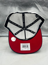 Load image into Gallery viewer, Cleveland Guardians MLB '47 Brand White TT Script Hitch Adjustable Snapback Hat laid flat, highlighting the durable fabric and adjustable snapback feature for comfort.