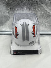 Load image into Gallery viewer, Angled view of Denver Broncos NFL Riddell Speed White Alternate Replica Mini Helmet emphasizing its compact size for easy display.