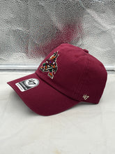 Load image into Gallery viewer, Close-up view of the Arizona Coyotes NHL '47 Brand Throwback Red Clean Up Adjustable Strapback Hat, highlighting the adjustable strap and quality construction details.