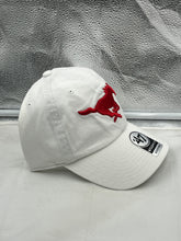 Load image into Gallery viewer, Side view of SMU Mustangs NCAA '47 Brand White Clean Up Adjustable Strapback Hat showcasing adjustable strap.