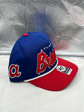 Load image into Gallery viewer, Adjustable snapback closure of the Atlanta Braves MLB '47 Brand Throwback Script Hitch Rope Hat shown in detail, ensuring a perfect fit for fans.