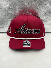 Load image into Gallery viewer, Arizona Cardinals NFL '47 Brand Red Script Hitch Rope Snapback Adjustable Hat showing the iconic team logo and hitch rope detail.