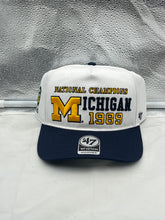Load image into Gallery viewer, Michigan Wolverines NCAA '47 Brand Champs White Hitch Adjustable Snapback Hat displayed on a white background showing the front view with embroidered logo.