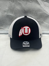 Load image into Gallery viewer, Utah Utes NCAA '47 Brand Throwback Black Trucker Mesh Adjustable Snapback Hat displayed from the front, showcasing the iconic team logo.