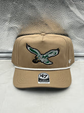 Load image into Gallery viewer, Philadelphia Eagles NFL '47 Throwback Khaki Rope Hitch Snapback Adjustable Hat showcasing vintage style with an embroidered Eagles logo, perfect for fans to display team spirit during game days and casual outings.