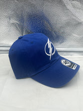 Load image into Gallery viewer, Back view of the Tampa Bay Lightning NHL '47 Brand Blue Clean Up Adjustable Strapback Hat showing the adjustable strap for a personalized fit.