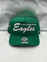Load image into Gallery viewer, Philadelphia Eagles NFL '47 Throwback Green Hitch Script Snapback Adjustable Hat displayed on a mannequin showcasing its classic green color and iconic Hitch script logo.
