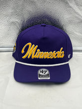 Load image into Gallery viewer, Minnesota Vikings NFL '47 Brand Purple Rope Script Hitch Snapback Adjustable Hat featuring stylish purple color and adjustable snapback design for a comfortable fit.