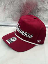 Load image into Gallery viewer, Close-up view of the Arkansas Razorbacks NCAA '47 Brand Red Hitch Rope Script Adjustable Snapback Hat showing the detailed stitching and vibrant colors.