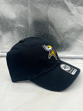 Load image into Gallery viewer, Minnesota Vikings NFL '47 Brand Black Clean Up Strapback Adjustable Hat displayed with the team's logo, showcasing style and comfort for fans.