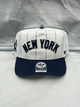 Load image into Gallery viewer, New York Yankees MLB '47 Brand White Pinstripe Hitch Snapback Adjustable Hat displayed from the front side, showcasing the iconic Yankees logo and pinstripe design.