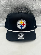 Load image into Gallery viewer, Pittsburgh Steelers NFL '47 Brand Black Rope Hitch Snapback Adjustable Hat showcasing stylish design and comfort for fans.