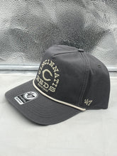 Load image into Gallery viewer, Close-up view of the Cincinnati Reds MLB '47 Brand Gray Ranchero Script Hitch Adjustable Snapback Hat highlighting its durable material and adjustable strap for a comfortable fit.