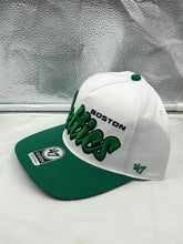 Load image into Gallery viewer, Boston Celtics NBA '47 Brand White Script Hitch Rope Adjustable Snapback Hat showcasing a white design with script logo, perfect for fans to display team pride.