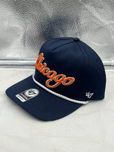 Load image into Gallery viewer, Chicago Bears NFL '47 Navy Script Hitch Rope Snapback Adjustable Hat displayed against a white background, showcasing its stylish design and vibrant team colors.