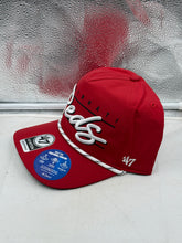 Load image into Gallery viewer, Close-up view of the Cincinnati Reds MLB '47 Brand Red Script Hitch Rope Adjustable Snapback Hat highlighting the intricate stitching and logo, ideal Cincinnati Reds hat for supporters.