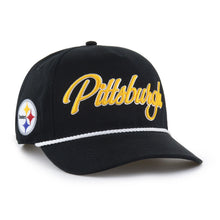 Load image into Gallery viewer, Pittsburgh Steelers NFL '47 Black Script Rope Hitch Snapback Adjustable Hat, Pittsburgh Steelers hat front view