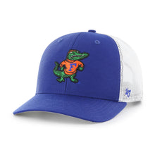 Load image into Gallery viewer, Florida Gators NCAA '47 Brand Throwback Blue Trucker Adjustable Snapback Hat - A classic Florida Gators hat design featuring a trucker mesh back for breathable comfort.