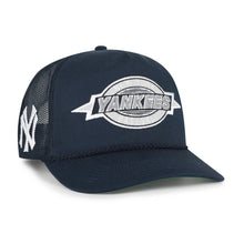 Load image into Gallery viewer, New York Yankees MLB '47 Brand Throwback Navy Hitch Rope Adjustable Snapback Hat showcasing the classic team logo, perfect for any fan looking for a stylish New York Yankees hat.