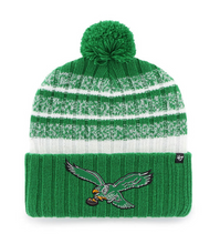 Load image into Gallery viewer, Philadelphia Eagles NFL '47 Brand Throwback Green Winter Beanie Knit Ski Cap Hat worn outdoors, showcasing team spirit and winter fashion.