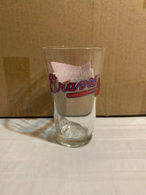 Load image into Gallery viewer, Atlanta Braves MLB 16oz Pint Budweiser Glass Mug Cup showcasing the iconic team logo, perfect for fans of the Atlanta Braves glass.