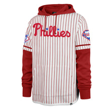 Load image into Gallery viewer, Philadelphia Phillies MLB '47 Brand White Pinstripe Lacer Men's Hoodie featuring a stylish white pinstripe design and the Phillies logo, perfect for fans looking for comfort and team spirit.