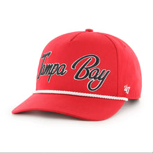 Load image into Gallery viewer, Close-up view of the Tampa Bay Buccaneers hat detailing the '47 Brand logo and red script design.