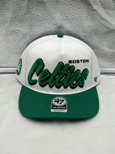Load image into Gallery viewer, Boston Celtics NBA '47 Brand White Script Hitch Rope Adjustable Snapback Hat showcasing stylish design and team pride.